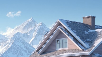 House with snow roof and mountain backdrop