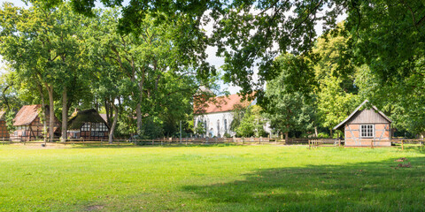 Local history museum, church and firehouse around the village green of Fischerhude, Lower Saxony, GErmany