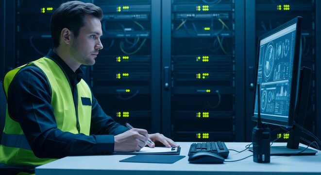 Data center technician monitoring network performance and writing notes while analyzing system diagnostics on computer in server room