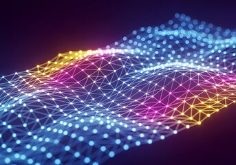Fototapeta premium Abstract network of glowing interconnected nodes forming a vibrant undulating digital landscape with a futuristic technological aesthetic