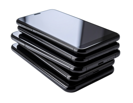 Stack of Black Smartphones on White Background