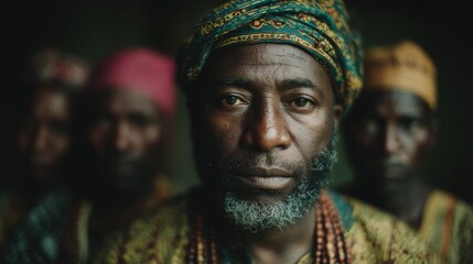 Fototapeta premium Portrait of african man in cultural attire with others in a moody setting
