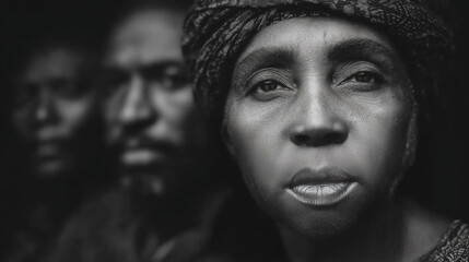 Fototapeta premium Black and white portrait of three african individuals with emotional expressions