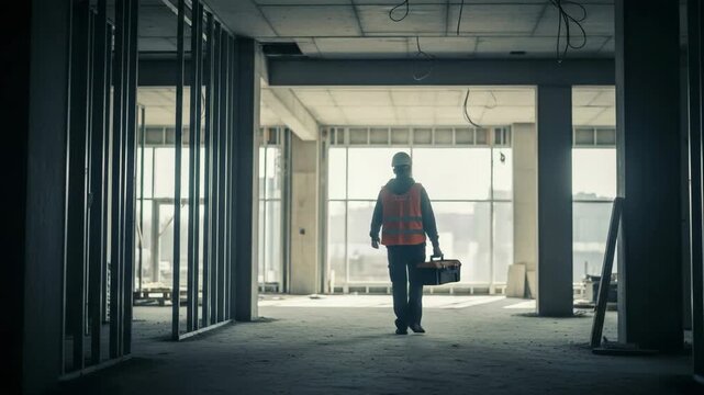 Construction Worker Walking with Toolbox in Empty Building Space