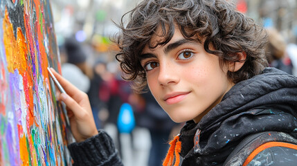 A portrait of a young artist with curly hair smiling beside his colorful painting, wearing a splattered jacket