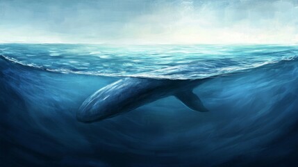 Fototapeta premium Whale dorsal fin rising from the ocean surface ocean waters wildlife photography marine environment underwater view majestic marine life