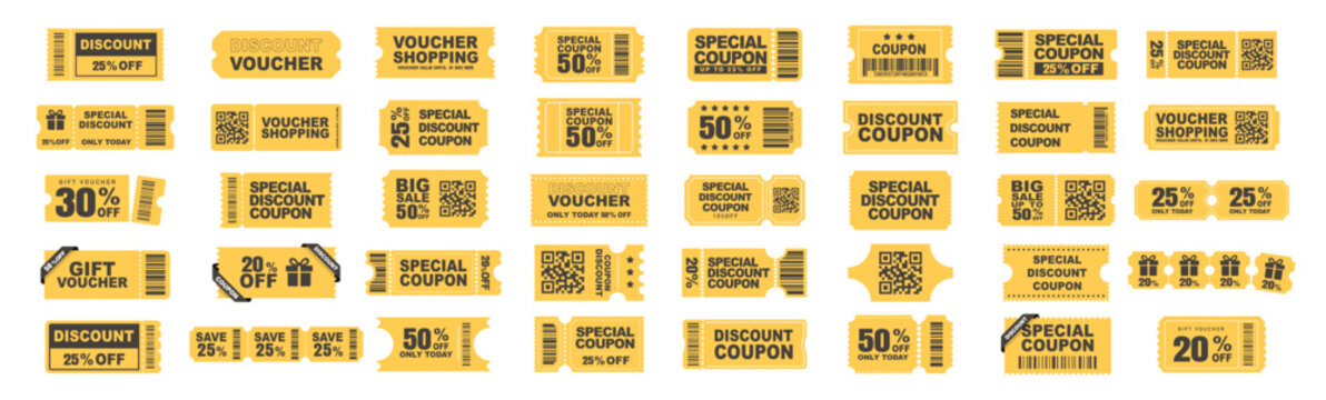 Coupon voucher ticket set with discount percent offer promotion on transparent background
