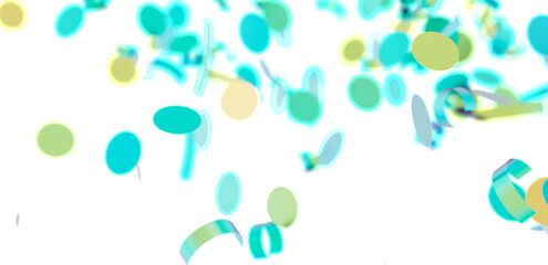 Bright teal and yellow confetti falling on white. Perfect for celebrations, party invitations, and joyful designs.