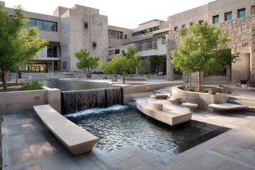 Fototapeta premium University courtyard with fountain and trees