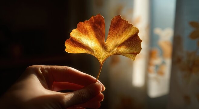 Ginkgo leaf held in hand, bathed in sunlight