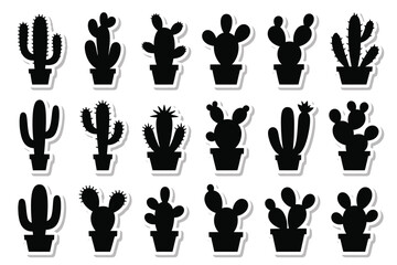 Vector art of collection of various cactus silhouette in pot with sticker effect for decoration, logo, icon, graphic design