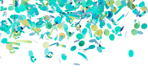 Bright teal and gold confetti falling on white background. Perfect for party, celebration, and festive designs.