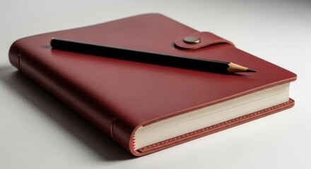 Stylish Red Leather Journal and Black Pencil on White