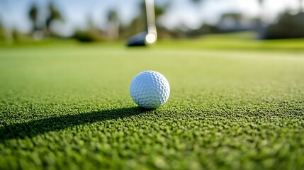 Close-up of golf ball dimples, macro perspective, blurred club behind