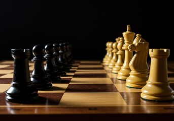 Chess pieces are arranged on a chessboard ready for a strategic game