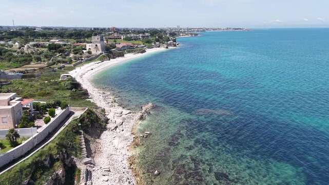 Drone view at the beaches between Bisceglie and Trani on Apulia in Italy