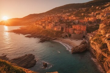 Malerische Küstenlandschaft bei Sonnenuntergang mit terrassierten Häusern, Felsküste, türkisblauem Wasser und zahlreichen Booten auf dem ruhigen Meer