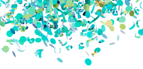 Bright teal and green confetti falling on white background. Perfect for party, celebration, and festive designs.