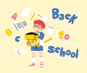 Cute Cartoon of Nervous Boy Surrounded by School Supplies and ‘Back to School’ Floating Letters
