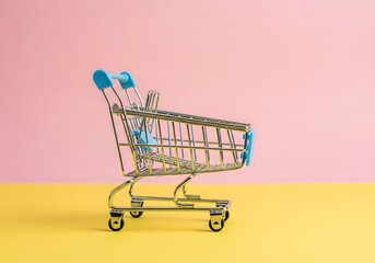 A miniature metal shopping cart with blue handles sits on a bright yellow surface against a soft pink background