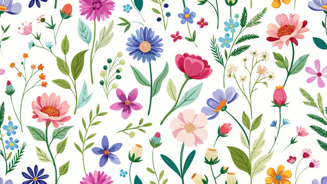 Vector art of seamless floral pattern with colorful flowers and leaves, a botanical illustration for textile, fabric, wallpaper, and decorative design
