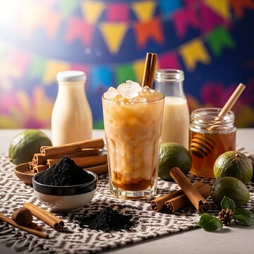  A vibrant glass of iced Capeta, a Brazilian party drink, surrounded by its core ingredients including cinnamon sticks, powdered chocolate, and fresh fruit, set against a backdrop of colorful flags.