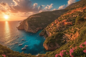 Malerische Küstenlandschaft bei Sonnenuntergang mit terrassierten Häusern, Felsküste, türkisblauem Wasser und zahlreichen Booten auf dem ruhigen Meer