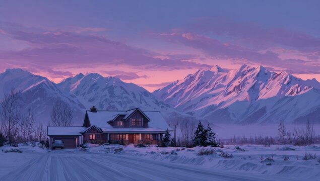 Snowy house winter mountains landscape