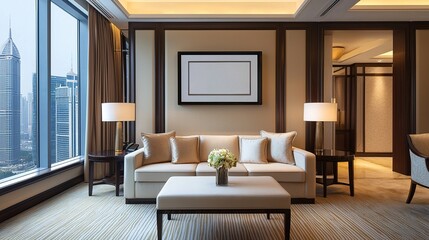 Fototapeta premium A luxurious hotel room featuring modern furnishings, large windows with city views, and elegant decor, creating a sophisticated atmosphere.