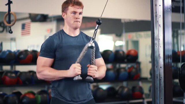 Focused Man Performs Triceps Pushdowns on Cable Machine in Modern Gym for Strength Training