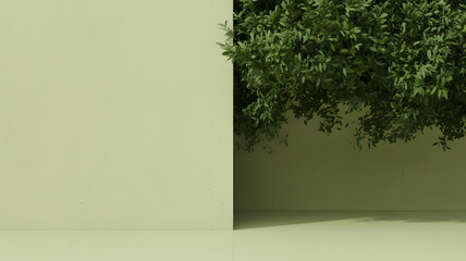 Minimal green interior with plant shadow and clean wall