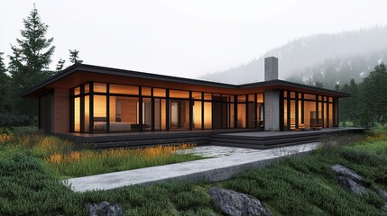 A modern house with large glass windows surrounded by lush greenery and misty mountains, featuring a sleek design and warm lighting.