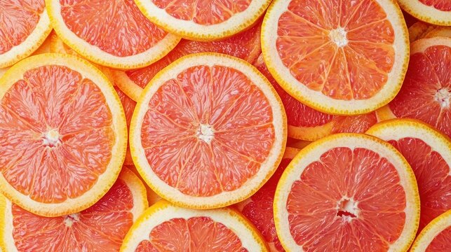 A vibrant display of fresh grapefruit slices, showcasing their vibrant orange hue and juicy texture against a contrasting white background.