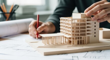 Architect working on a building model design with blueprints and tools on a desk, showcasing architectural planning and construction process