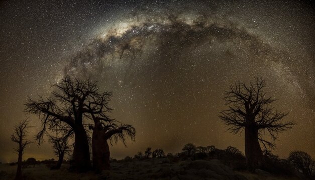 Silhouettes of several baobab trees with starry sky and Milky Way, African baobab (Adansonia digitata), night shot, Kubu Island (Lekubu), Sowa Pan, Makgadikgadi Salt Pans, Botswana