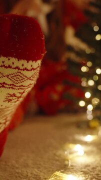 Vertical video. Red and White Christmas Sock in Foreground with Decorated Mini Tree and Warm String Lights in Background