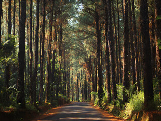 Obraz premium Road Through Pine Forest with Sunlight, Brown Bark, Green Foliage