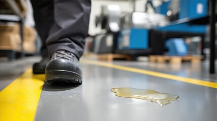 Worker walks on factory floor with liquid spill hazard visible. scene highlights safety concerns in industrial environment, emphasizing importance of caution