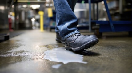 Worker boot nearly slips on wet factory floor, showcasing importance of safety in industrial environments. scene captures potential hazards present in such settings