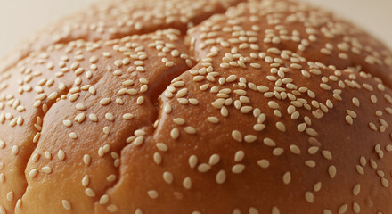 Macro close up of a fresh sesame seed burger bun