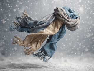 woolen scarf in shades of beige, brown, and gray floats gracefully in midair