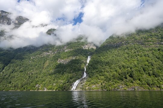 Bringefossen waterfall on the Geirangerfjord, Atmospheric fjord landscape on the Geirangerfjord, M&oslash;re og Romsdal, Norway