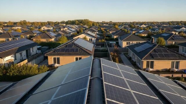 Aerial View of Suburban Neighborhood with Solar Panels Installed