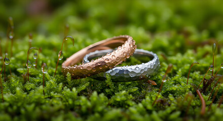 Fototapeta premium cincin kawin istimewa, Hammered wedding rings with dew drops on green moss
