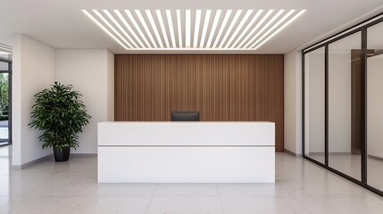 Fototapeta premium A modern reception area featuring a sleek white desk, wooden accent wall, and a decorative plant, exuding a minimalist and professional atmosphere.