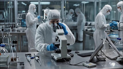 Scientists in full protective suits working in a modern laboratory, researcher using microscope, sterile environment, biotechnology research, medical science, pharmaceutical innovation, advanced labor - Powered by Adobe