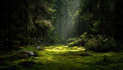 Fototapeta premium Sunlight streams through a dense forest