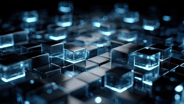 Abstract futuristic background with glowing blue data cubes.