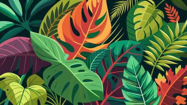 Vector art of vibrant tropical leaf pattern with exotic foliage, a botanical jungle design for wallpaper, textile, and decoration, an artistic drawing with a creative style
