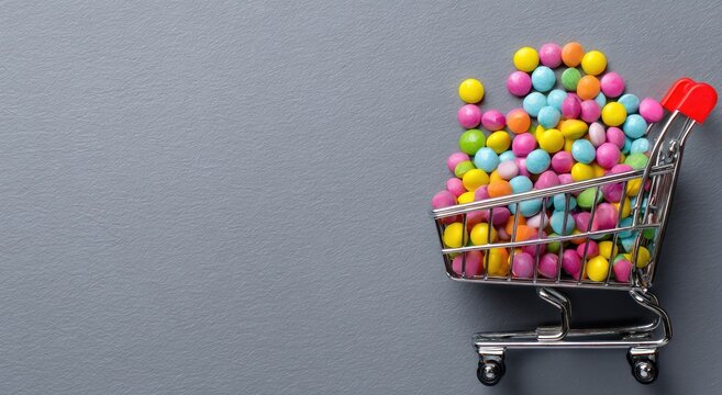 Colorful candies overflowing a miniature shopping cart on a gray surface